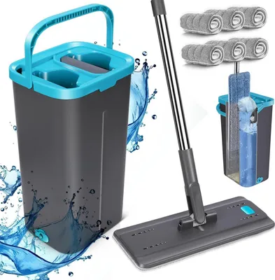 Obrázok produktu pre Súprava mopu na podlahu z mikrovlákna s vedrom a 6 podložkami na mop, sivomodrá