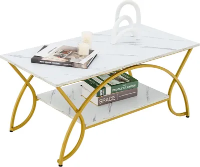 Immagine prodotto di Tavolino HV10267WH, con ripiano, a due livelli, rettangolare, pieghevole, portaoggetti, con struttura in finto marmo e metallo