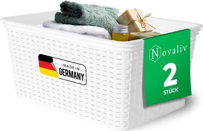 Produktbild von Novaliv 2 Stück Eleganter Aufbewahrungskorb in Rattan-Optik | Weiß Kunststoff 14L – Perfekt für Bad & Kleidungsaufbewahrung. Aufbewahrungsbox Badezimmer Körbchen Bad Organizer Korb Ordnungsbox