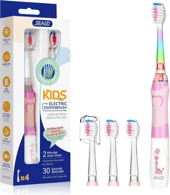 Produktbild von Elektrische Kinder Schallzahnbürste 3–12 Jahre mit LED Licht, Smart Timer, 24000 Vibrationen, 4 Bürstenköpfen & IPX7 wasserdicht
