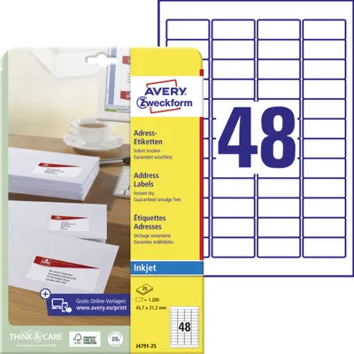 Produktbild von Avery Zweckform J4791-25 Adress-Etiketten, A4, 45,7 x 21,2 mm, 25 Bogen/1.200 Etiketten, weiß