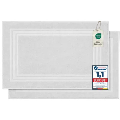 Produktbild von Komfortec Badvorleger Set 2 Teilig, Frottee Duschvorleger, Waschbar Duschmatte & Badteppich, 600 g/m² &100% Baumwolle, Saugfähig & Schnelltrocknend, 50 x 70 cm, weiß