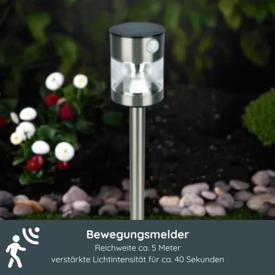 Produktbild von MeLiTec Solarleuchte SO49, aus Edelstahl, matt gebürstet, mit Bewegungsmelder, Ø 10 cm, 6 LEDs, bis zu 6 Stunden Leuchtdauer, 50 cm hoch