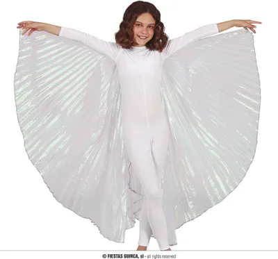 A young girl wearing a white costume with large, iridescent wings spread wide.
