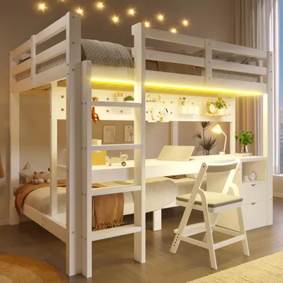 Productafbeelding van Hoogslaper van grenenhout met lades, bureau en LED-strip, veelzijdig met wandplanken, ideaal voor kinderkamers - Verkrijgbaar in de maten 90x200 en 140x200 cm, wit