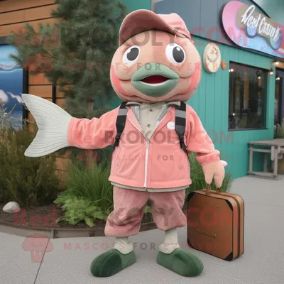 Productafbeelding van Roze zalm mascotte REDBROKOLY kostuum karakter gekleed met een corduroy broek en handtassen