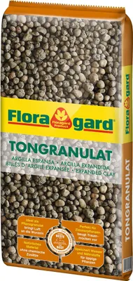 A bag of Floragard Tongranulat (expanded clay) on a white background.