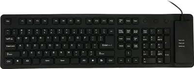A black silicone keyboard is shown from a top-down perspective against a white background.
