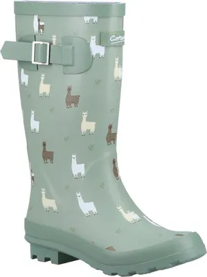 A single green rain boot with an alpaca pattern.
