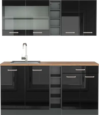 Produktbild von Singleküche Vicco R-Line Schwarz Hochglanz/Anthrazit 160 cm , AP Eiche, Model 43089