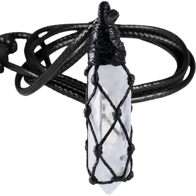 Produktbild von Heilstein Punkt Anhänger Halskette Bergkristall Sechseckig Einstellbar Wachsseil Unisex