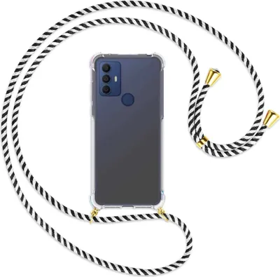 Produktbild von Handykette Backcover-Schutzhülle mit Band (Metall goldfarben) für TCL 30 SE, TCL 305, TCL 306 - schwarz/weiß gestreift