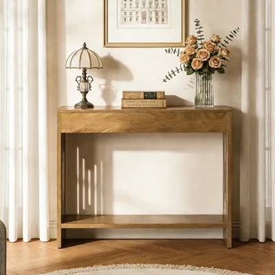 Zdjęcie produktu dla Stolik konsolowy Tribesigns za sofą, 105 cm – niewielki stolik w stylu rustykalnym z dwiema półkami i żłobkowanymi nogami, do salonu