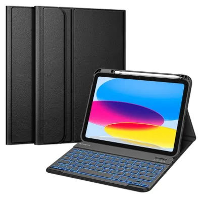 Produktbild von Fintie Hülle mit Tastatur für iPad 11 Generation 2025 11 Zoll, iPad 10 Generation 2022 10.9 Zoll, 7-farbig Beleuchteter Magnetischer Abnehmbarer Keyboard Hülle mit Stifthalter, Schwarz