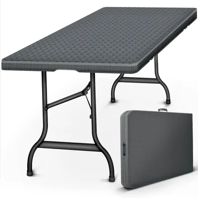 Image de tillvex Table de jardin pliante aspect rotin 180x75cm | Table de buffet avec poignée de transport