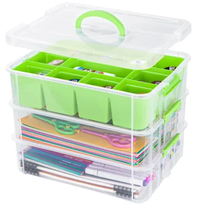 Image de Boîte de rangement en 3 parties avec couvercle et espace de stockage, idéale pour ranger et organiser (vert)