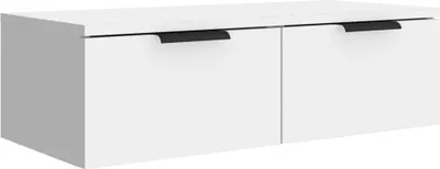 A white wall-mounted cabinet with two drawers and black handles, shown from a three-quarter angle against a white background.