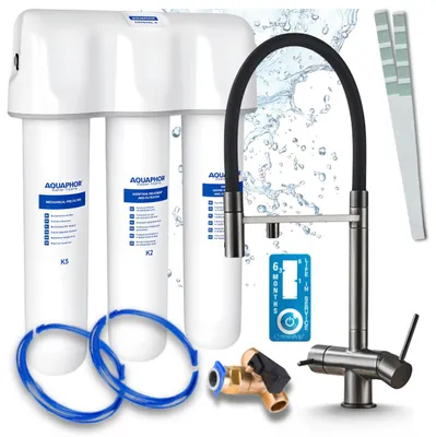 Obrázek produktu pro Baterie do kuchyně Ari 3-cestná, barva grafit, výsuvná, v setu s filtračním systémem Aquaphor Kristall A