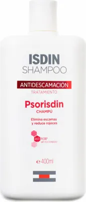 A white bottle of ISDIN Psorisdin shampoo with product details printed on it.