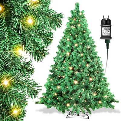 Produktbild von Faziango 210cm Künstlicher Weihnachtsbaum mit LED-Beleuchtung 400 LEDs Warmweiß inkl. Metallfuß mit 1200 Spitzen Christbaum Tannenbaum PVC Grün