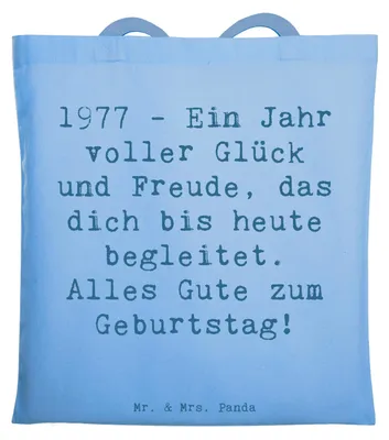 Produktbild von Mr. & Mrs. Panda Tote Bag Spruch 1977 Geburtstag - Sky Blue - Geschenk, Abenteuer, Geburtstagsgeschenk, Happy Birthday, alles Gute, Feier, Geburtstagsfeier, Jutebeutel