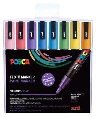 Dekoračný popisovač, sada, 0,9-1,3 mm, UNI "Posca PC-3ML", 8 rôznych trblietavých farieb