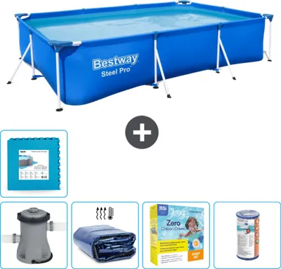 Produktbild von Bestway Rectangular Steel Pro Swimmingpool – 300 x 201 x 66 cm – Blau – inklusive Pumpe Sonnensegel - Wartungspaket - Filter - Bodenfliesen