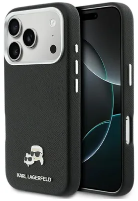 Zdjęcie produktu dla Etui na telefon iPhone 17 Pro, Karl Lagerfeld HardCase Karl and Choupette Head Pin Saffiano, czarny