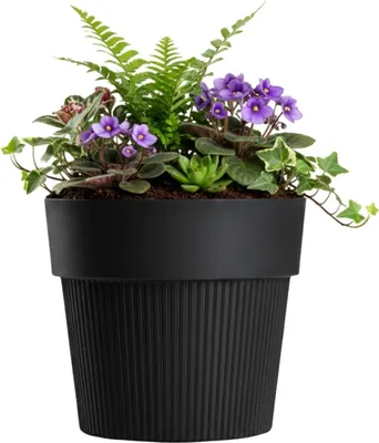 Obrázek produktu pro HowHomely | Květináč – černý – 13 x 16 cm – rýhovaná struktura – z recyklovaného materiálu – květináč
