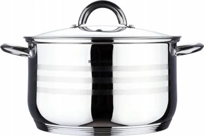 A stainless steel pot with a glass lid and handles, shown against a white background.