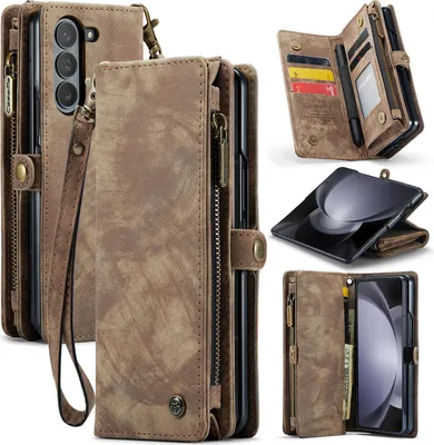 Image de Etui pour Samsung Galaxy Z Fold 5, étui en cuir multifonctionnel vintage avec fentes pour cartes et fermeture à glissière marron