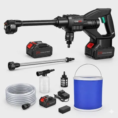 Produktbild von Kabelloser Akku Hochdruckreiniger 21V, 200 Bar, 2 Akkus, Auto Waschpistole mit 6-in-1 Düse, 5m Schlauch