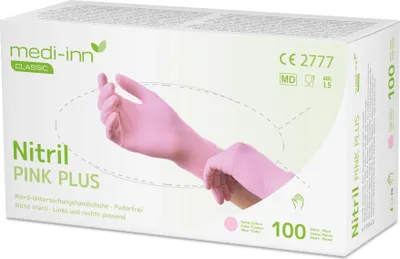 Produktbild von Medi-Inn® Classic 100 "Medi-Inn® Classic" Handschuhe, Nitril puderfrei pink "Nitril Pink Plus" Größe S | Faltschachtel (100 Stück)