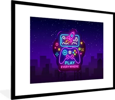 Produktbild von MuchoWow® Gerahmtes Poster Gaming - Neon - Spielen - Blau - Nacht - Controller 80x60 cm - Poster mit Schwarzem Bilderrahmen Wandposter Rahmen Foto Bilder - Schlafzimmer-Dekorationen - Fotoposter