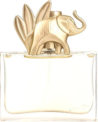 A perfume bottle with a gold elephant figurine on top.