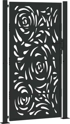 A black metal garden gate with a decorative floral pattern.