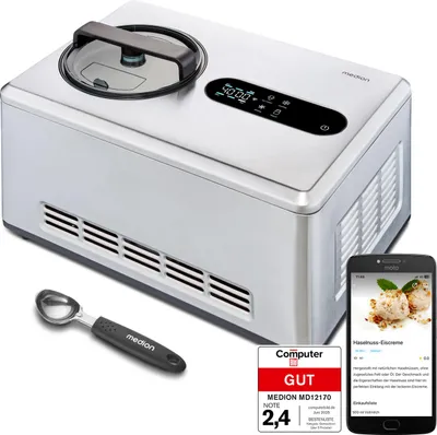 Produktbild von MEDION smarte Eismaschine mit Kompressor (selbstkühlend, 2 Liter, App Steuerung inkl. Eis-Rezepte, Joghurt, Eiscreme, Sorbet, LED Display, Edelstahl, MD12170)
