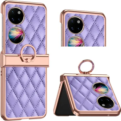Produktbild von Luxus Leder Muster Galvanik Handyhülle für Huawei P50 Pocket mit Ringhalterung und Scharnierschutz Lila