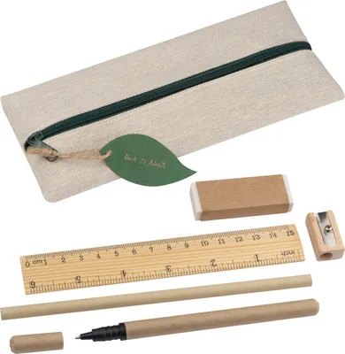 Produktbild von Schreibset "Nature" mit Lineal, Radiergummi, Spitzer, Bleistift und Rollerball