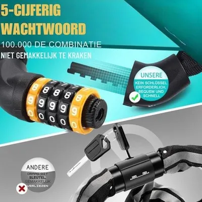 Immagine prodotto di Lucchetto a combinazione per bicicletta 150cm ad alta sicurezza con codice a 5 cifre lucchetto a catena e-bike MTB bici da trekking bici da strada moto attrezzi da esterno