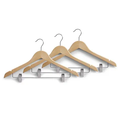 Three wooden hangers with clips are displayed against a white background.