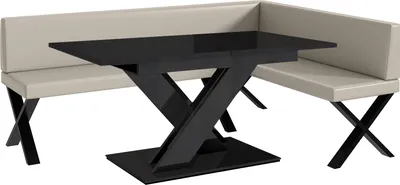 Produktbild von MEBLINI Eckbank für Esszimmer mit ausziehbarem Tisch  - Küchenbank - Essecke - Sitzecke Küche - TONI - X-Beine 142x196x87cm Rechts - Beige Kunstleder/B Schwarz Hochgl.