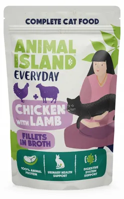 Obrázek produktu pro ANIMAL ISLAND Kuřecí s jehněčími filé v vývaru - mokrá krmiva pro kočky - 12x85 g