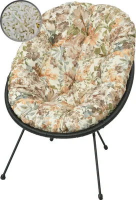 A round, cushioned chair with a floral pattern and black metal legs, shown against a white background. A close-up inset shows the filling material of the cushion.