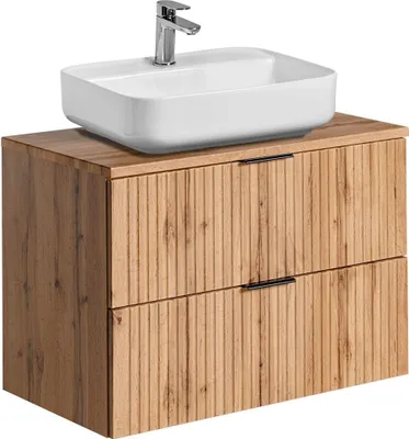 Produktbild von Waschtisch mit Unterschrank 80 cm Set Wotaneiche gerillt, 50 cm Keramik-Waschbecken, 2 Softclose-Schubkästen, B/H/T 80,6/73,2/46,5 cm