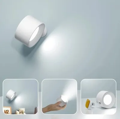 Collage of a white wall lamp in different settings and close-ups.