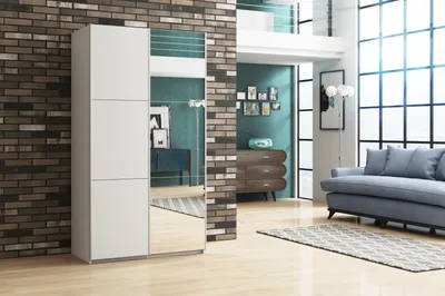 Produktbild von Modern Kleiderschrank mit Spiegel VIGO, Schwebetürenschrank, Sideboard, Schrank Wohnzimmer (Weiß, 120 cm)