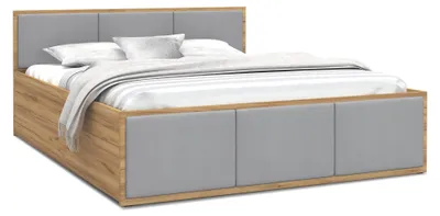 Produktbild von FurnitureByJDM Bett 140 x 200 cm mit Stauraum & Gepolsterte Einsätze Eiche Craft / Graue