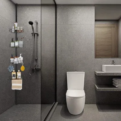 Immagine prodotto di Unyqoos® Porta angolare telescopico per doccia – altezza regolabile da 73 a 265 cm, 4 cesti e 2 ganci, nero, resistente alla ruggine, antiscivolo