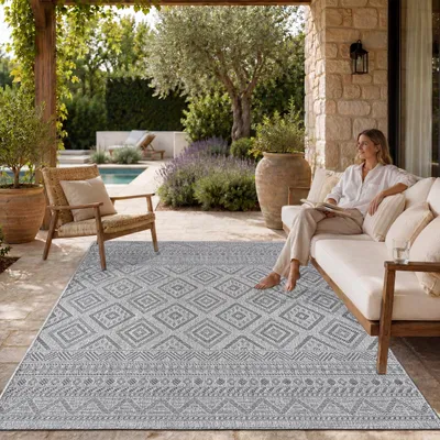 Produktbild von Outdoor Teppich Flachgewebe modern Boho Ethno wetterfest Außenbereich Grösse 80x150 cm